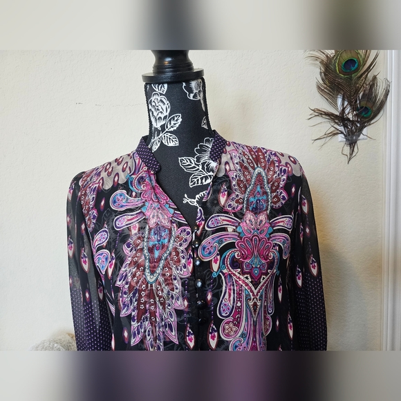Twenty One Boho Style sheer black & purple blouse 👚 (Small) 💜💗🖤🤎🤍 - Picture 3 of 16